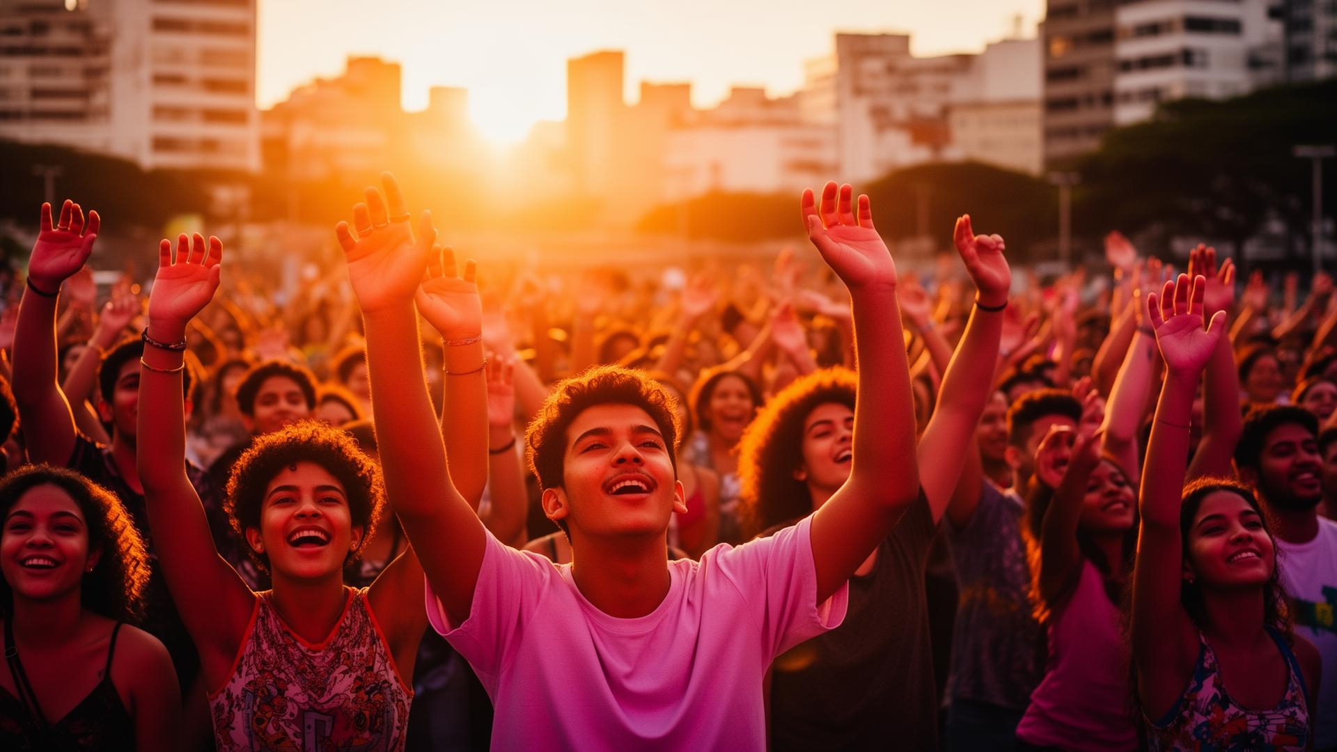 Jovens em adoração ao pôr do sol